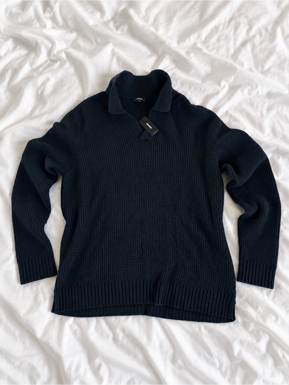 Express Men's Black V-Neck Collared Knit Sweater